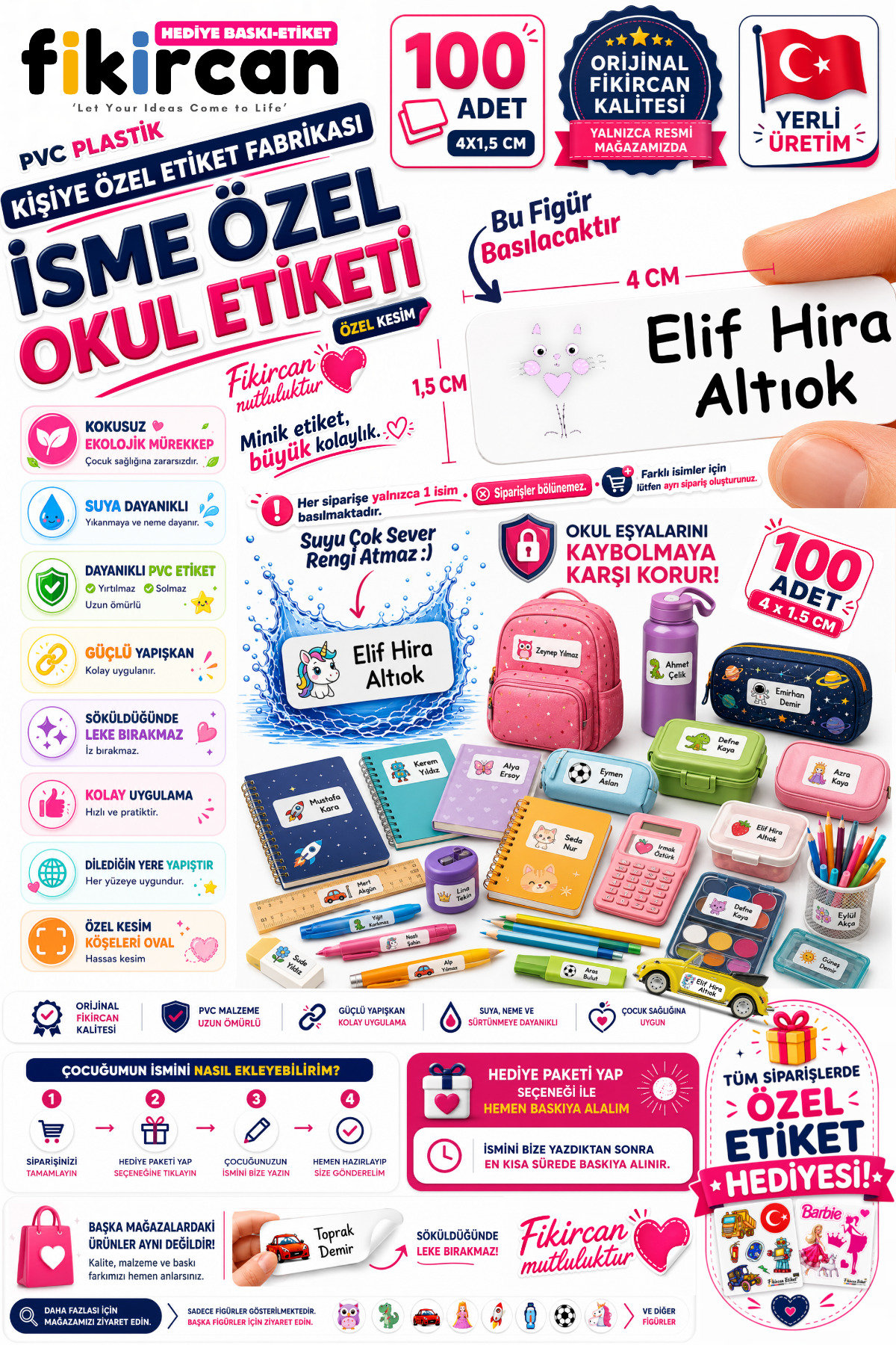 İsme Özel Okul Etiketi - 100 Adet - 1.5 x 4 cm - PVC Etiket - FİGÜR 89