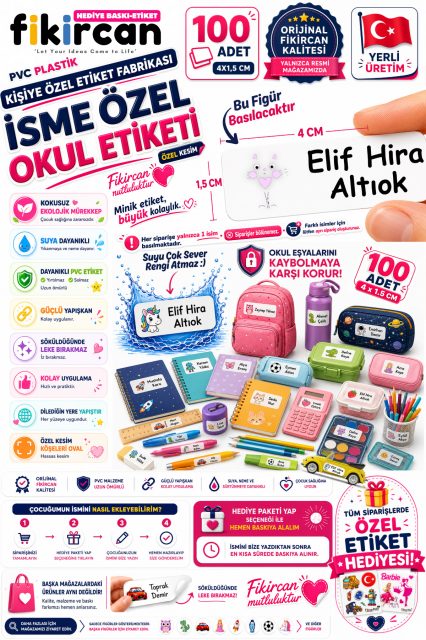 İsme Özel Okul Etiketi - 100 Adet - 1.5 x 4 cm - PVC Etiket - FİGÜR 89