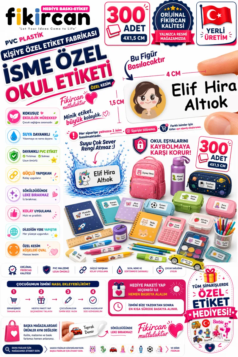 İsme Özel Okul Etiketi - 300 Adet - 1.5 x 4 cm - PVC Etiket - FİGÜR 96 — fotoğraf 1
