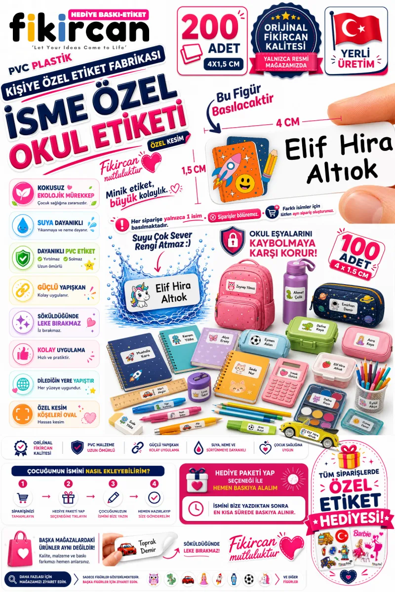 İsme Özel Okul Etiketi - 200 Adet - 1,5 x 4 cm - PVC Etiket - - FİGÜR 85 — fotoğraf 1