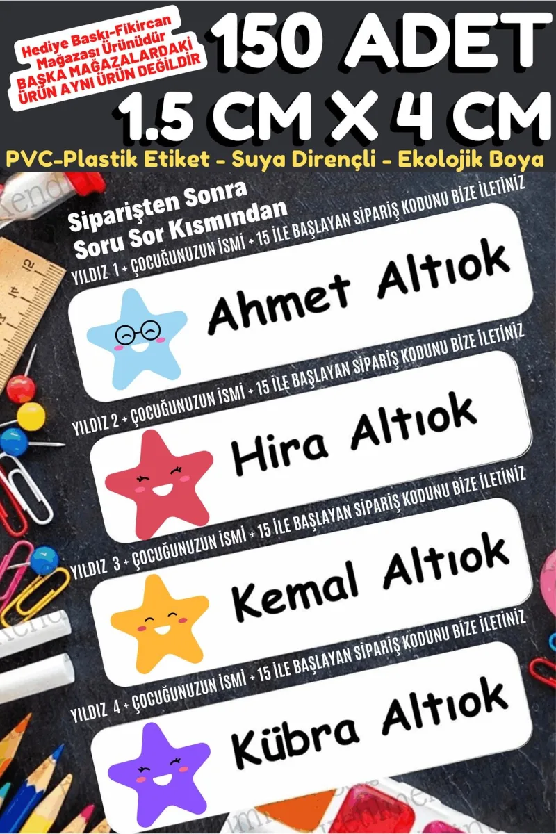 -isme Özel Okul Etiket Seti Yıldızlar - 150 Adet - Kokusuz Ekolojik Mürekkep Pvc Etiket — fotoğraf 1