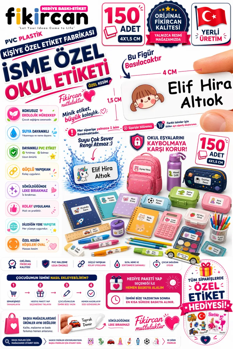 İsme Özel Okul Etiketi - 150 Adet - 1.5 x 4 cm - PVC Etiket - FİGÜR 46