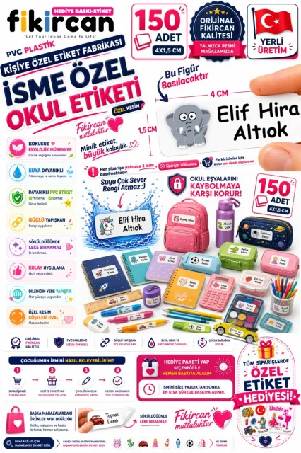 İsme Özel Okul Etiketi - 150 Adet - 1.5 x 4 cm - PVC Etiket - FİGÜR 117