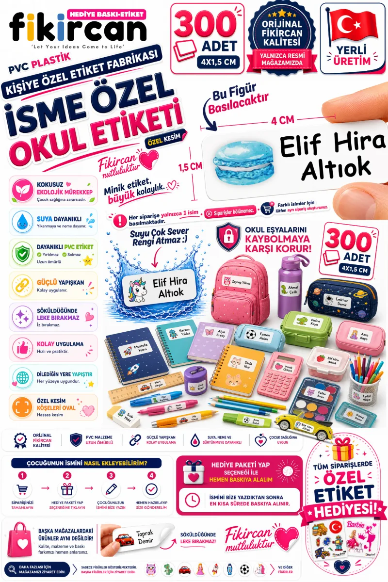 İsme Özel Okul Etiketi - 300 Adet - 1.5 x 4 cm - PVC Etiket - FİGÜR 41