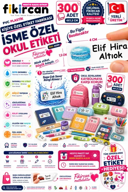 İsme Özel Okul Etiketi - 300 Adet - 1.5 x 4 cm - PVC Etiket - FİGÜR 41