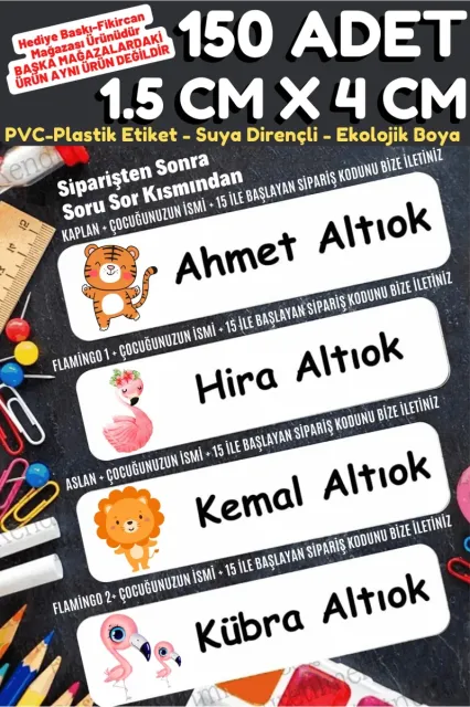 -isme Özel Okul Etiket Seti Flamingo-aslan-kaplan 150 Adet - Ekolojik Mürekkep Pvc Etiket