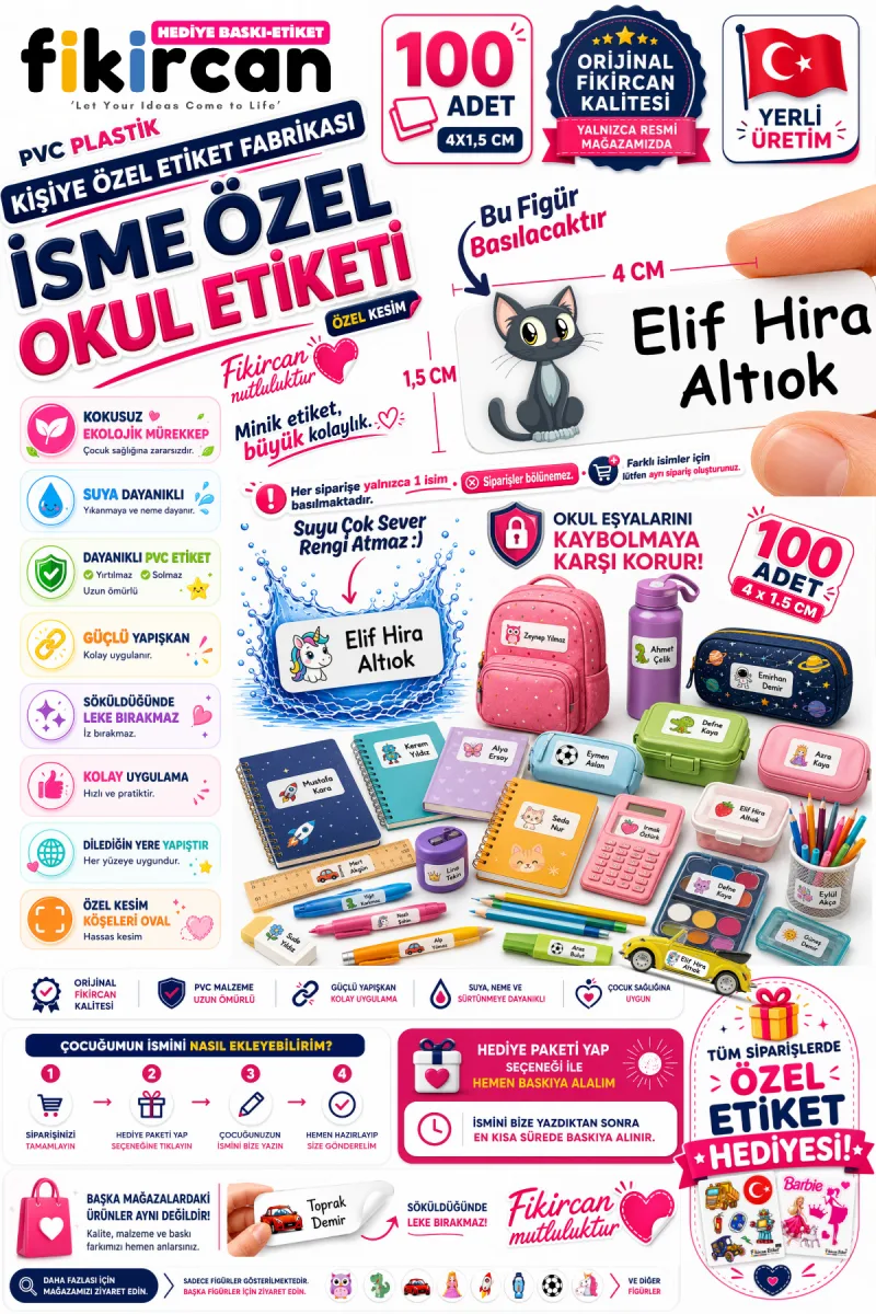 İsme Özel Okul Etiketi - 100 Adet - 1.5 x 4 cm - PVC Etiket - FİGÜR 84 — fotoğraf 1