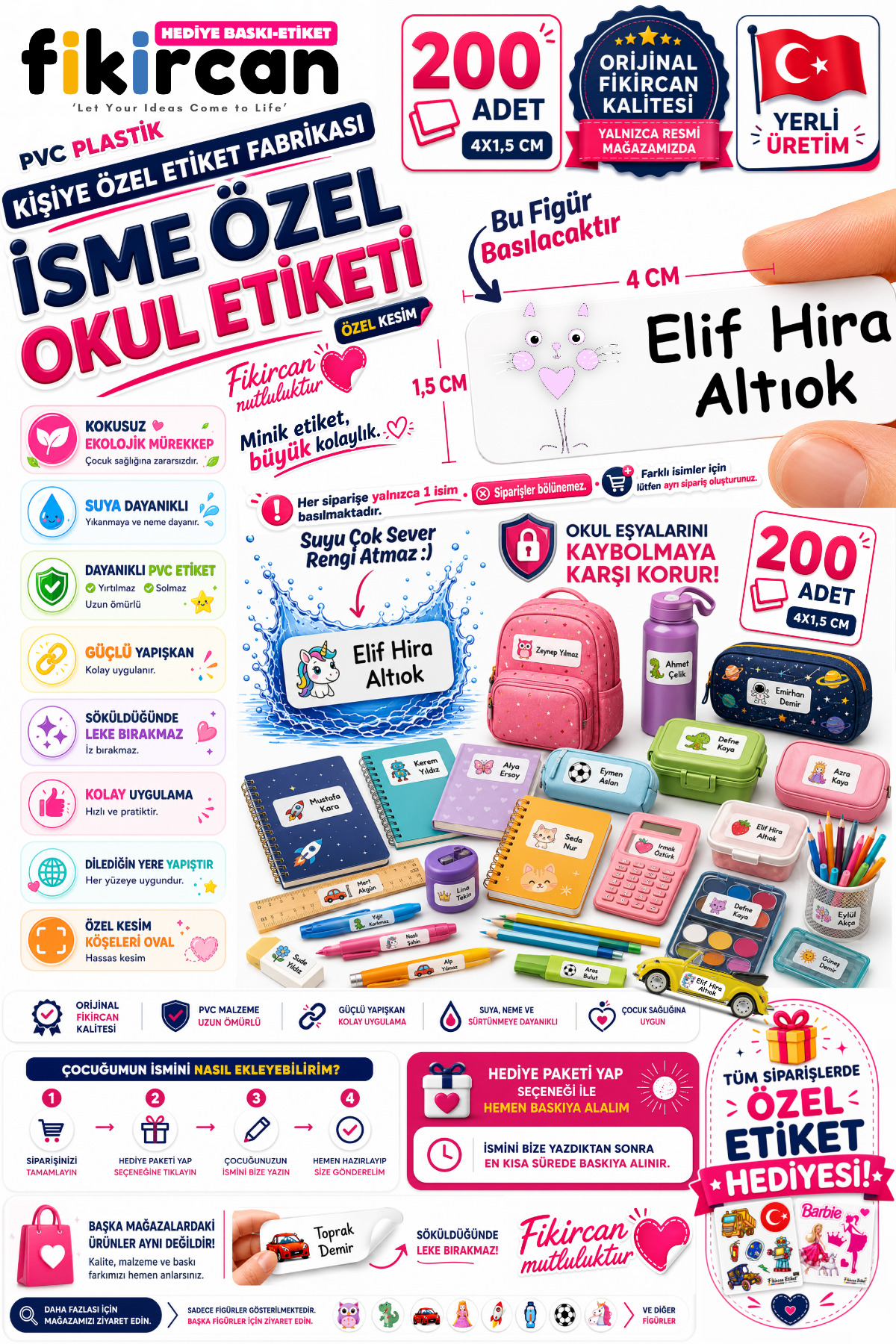 İsme Özel Okul Etiketi - 200 Adet - 1.5 x 4 cm - PVC Etiket - FİGÜR 89 1453260718227