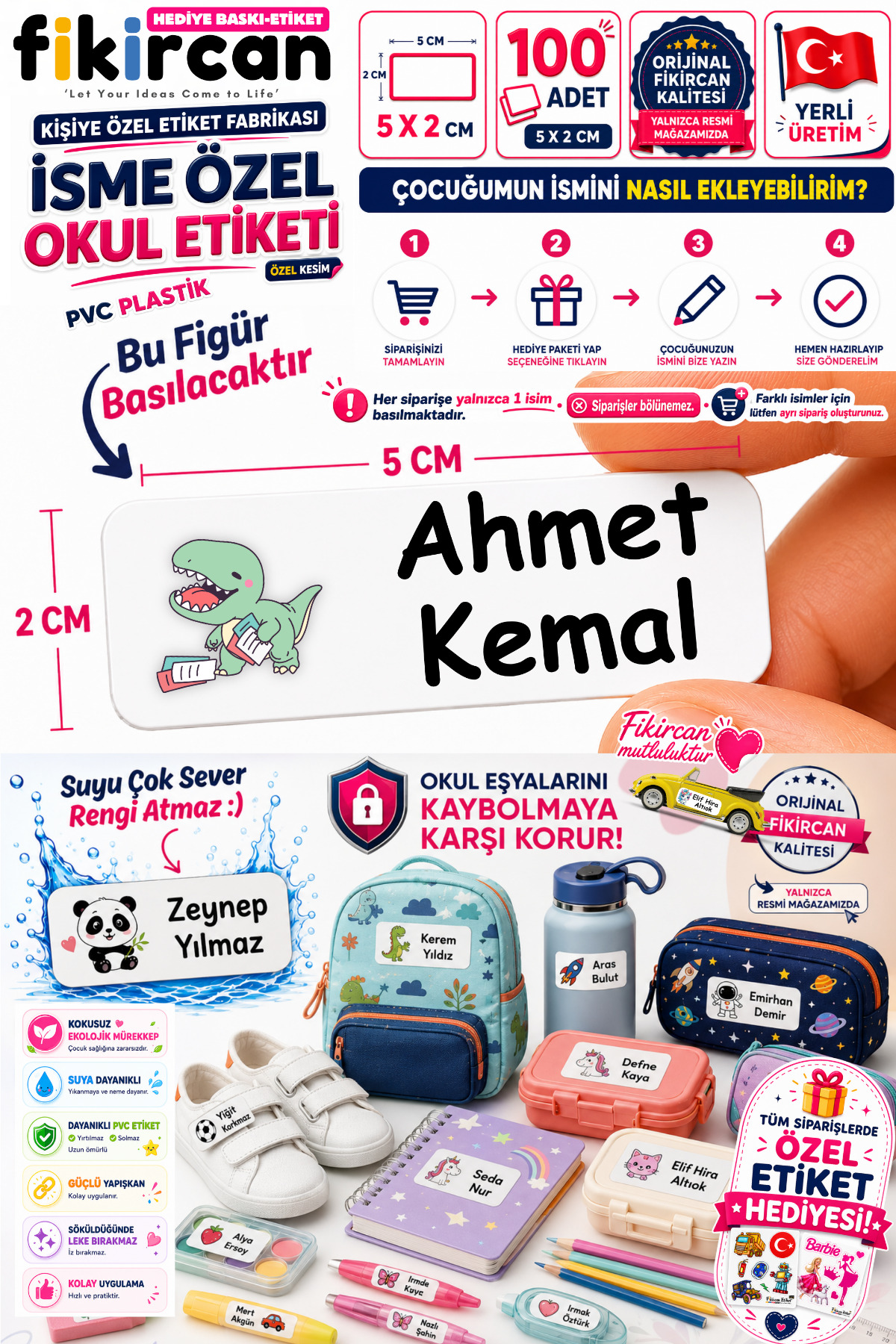 Isme Ozel Okul Etiketi - 100 Adet - 5 x 2 cm - PVC Etiket - FİGÜR 56