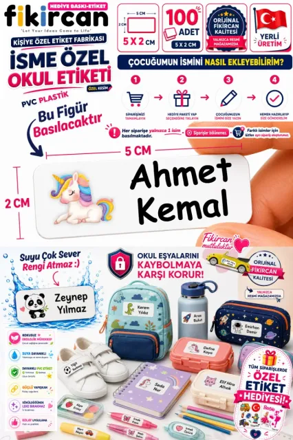 İsme Özel Okul Etiketi - 100 Adet - 5 x 2 cm - PVC Etiket - FİGÜR 8