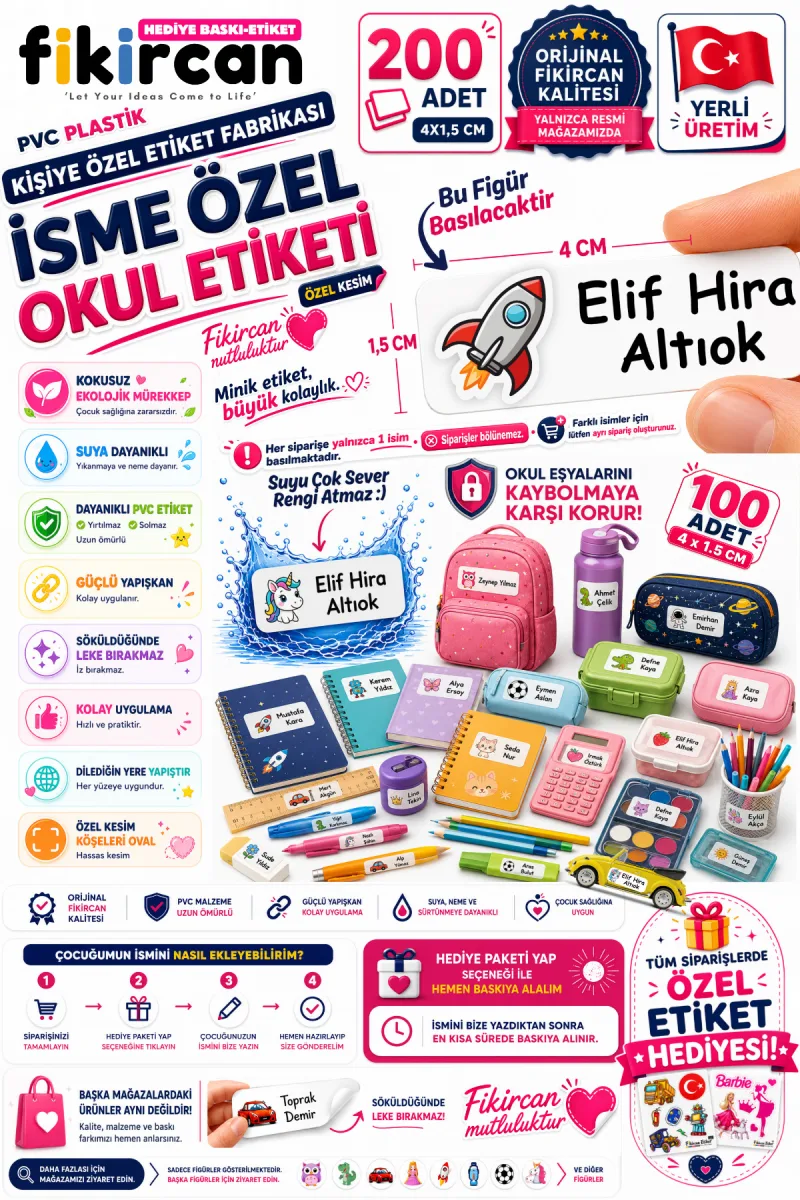 İsme Özel Okul Etiketi - 200 Adet - 1,5 x 4 cm - PVC Etiket - - FİGÜR 13 — fotoğraf 1