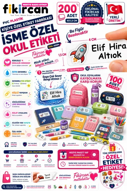 İsme Özel Okul Etiketi - 200 Adet - 1,5 x 4 cm - PVC Etiket - - FİGÜR 13