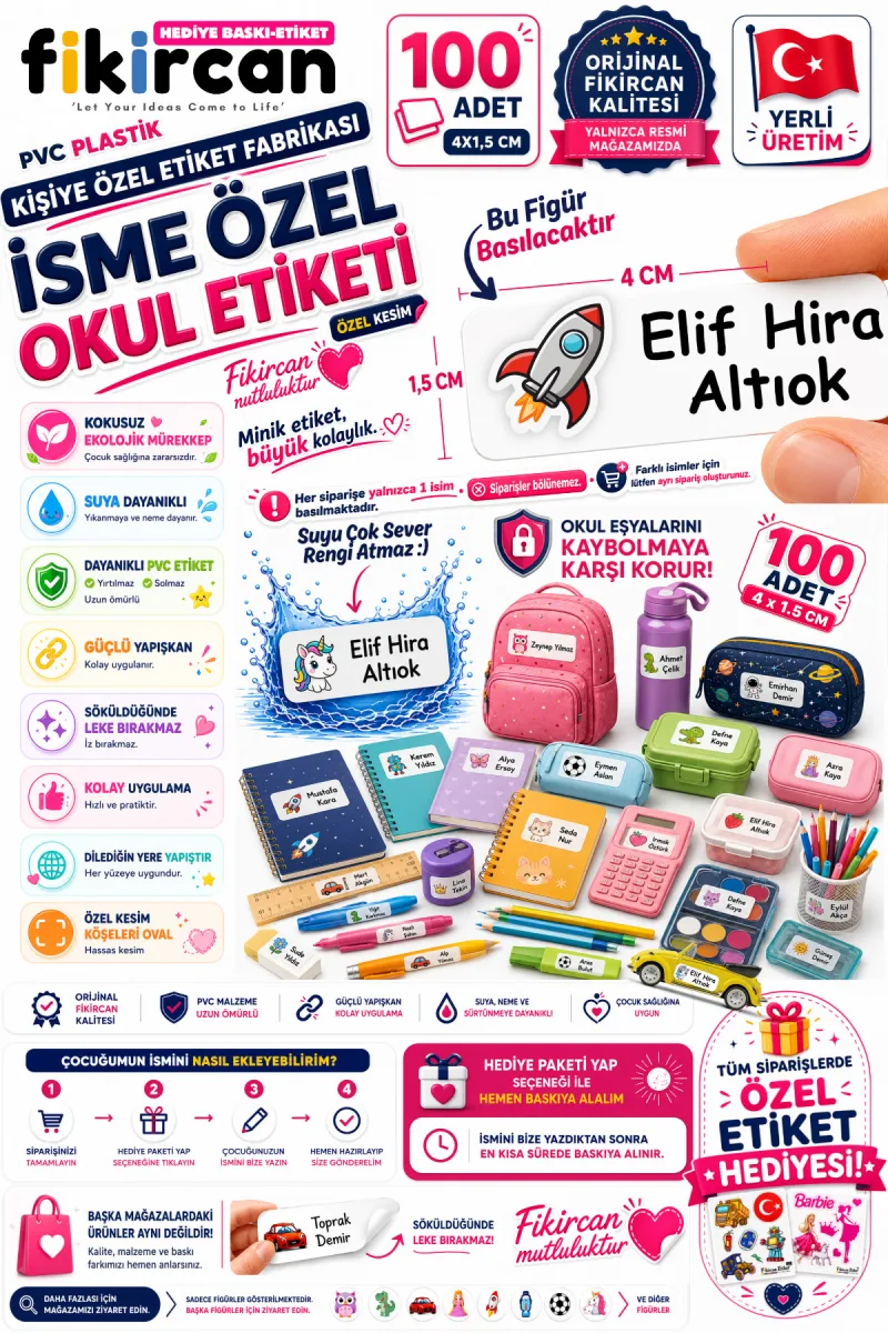 İsme Özel Okul Etiketi - 100 Adet - 1.5 x 4 cm - PVC Etiket - FİGÜR 13 — fotoğraf 1