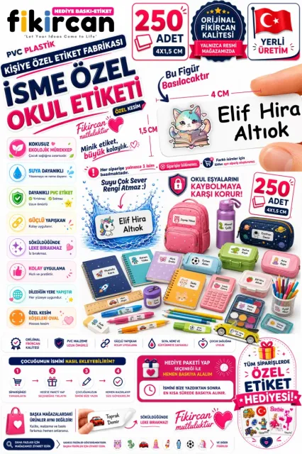 İsme Özel Okul Etiketi - 250 Adet - 1.5 x 4 cm - PVC Etiket - FİGÜR 15