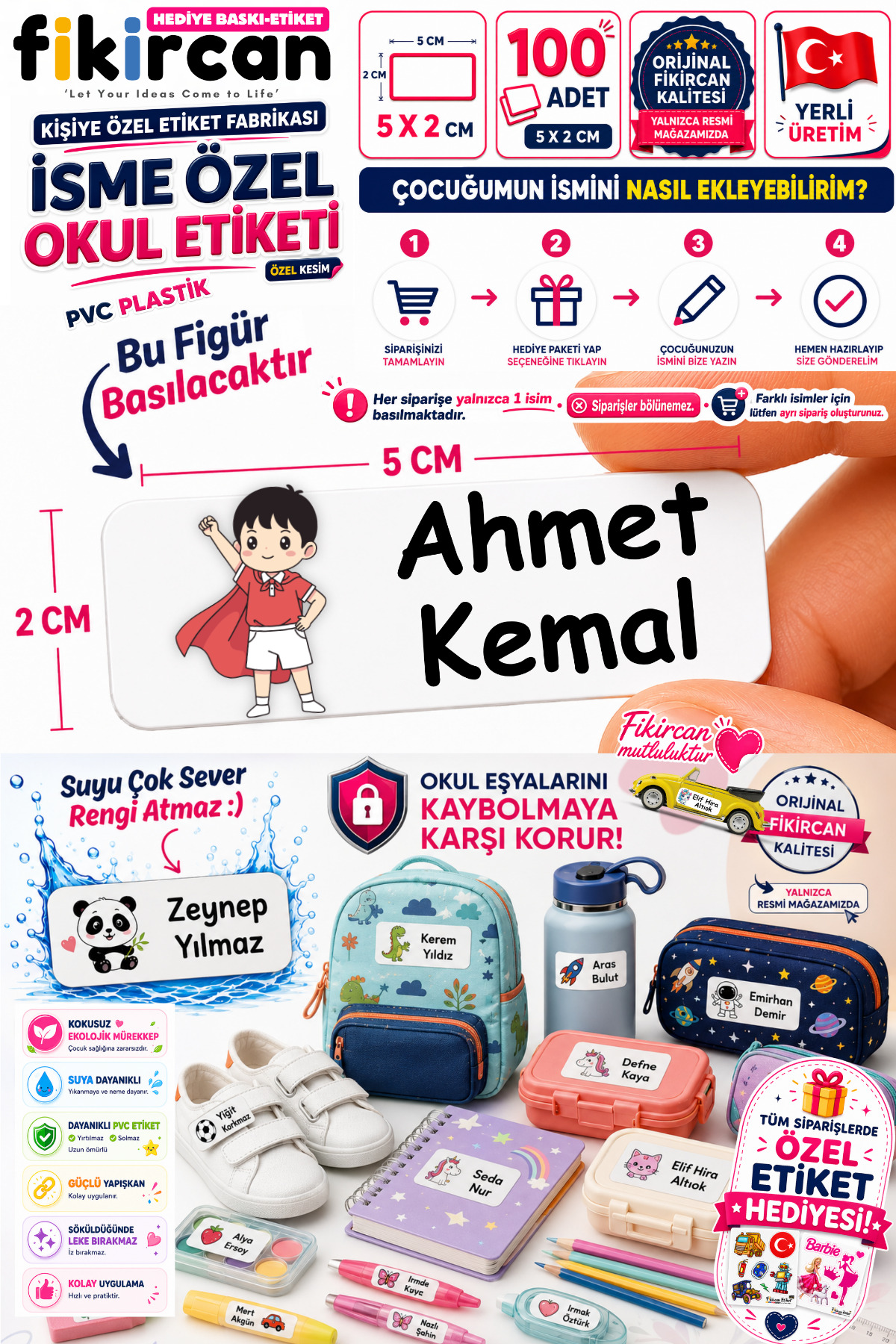 İsme Özel Okul Etiketi - 100 Adet - 5 x 2 cm - PVC Etiket - FİGÜR 106