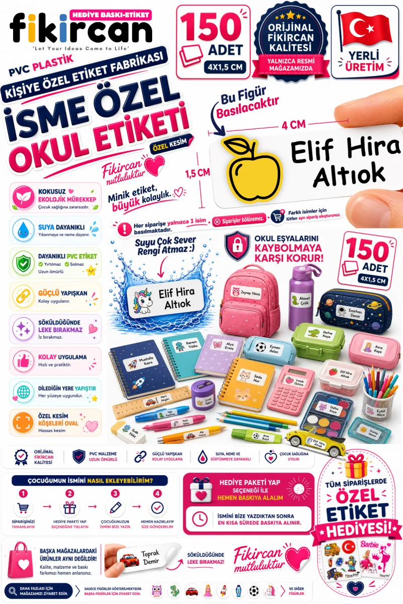İsme Özel Okul Etiketi - 150 Adet - 1.5 x 4 cm - PVC Etiket - FİGÜR 109