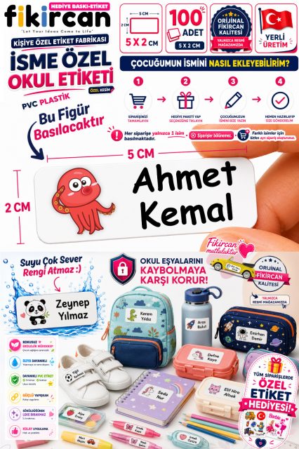 İsme Özel Okul Etiketi - 100 Adet - 5 x 2 cm - PVC Etiket - FİGÜR 121