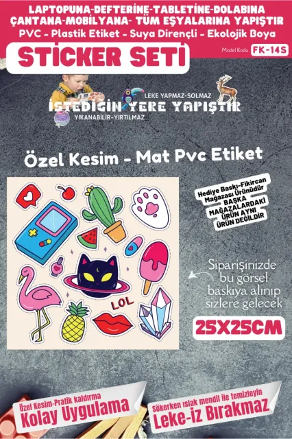 Fikircan Etiket Seti 25x25cm Pvc Sticker -Defter-Laptop-Tablet-Telefon-Dolap-Cam vb Her yere Yapışır