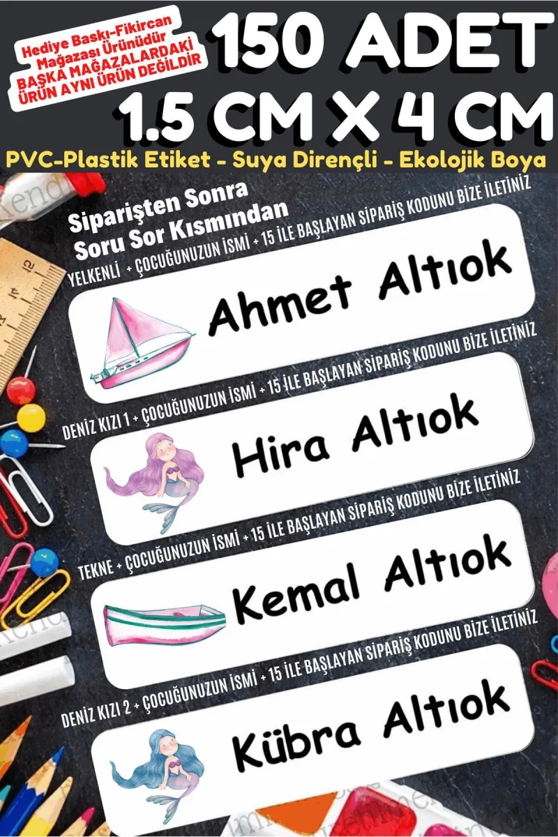 -isme Özel Okul Etiket Seti Deniz Kızı - Tekne - 150 Adet-ekolojik Mürekkep Pvc Etiket — fotoğraf 1