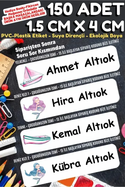 -isme Özel Okul Etiket Seti Deniz Kızı - Tekne - 150 Adet-ekolojik Mürekkep Pvc Etiket