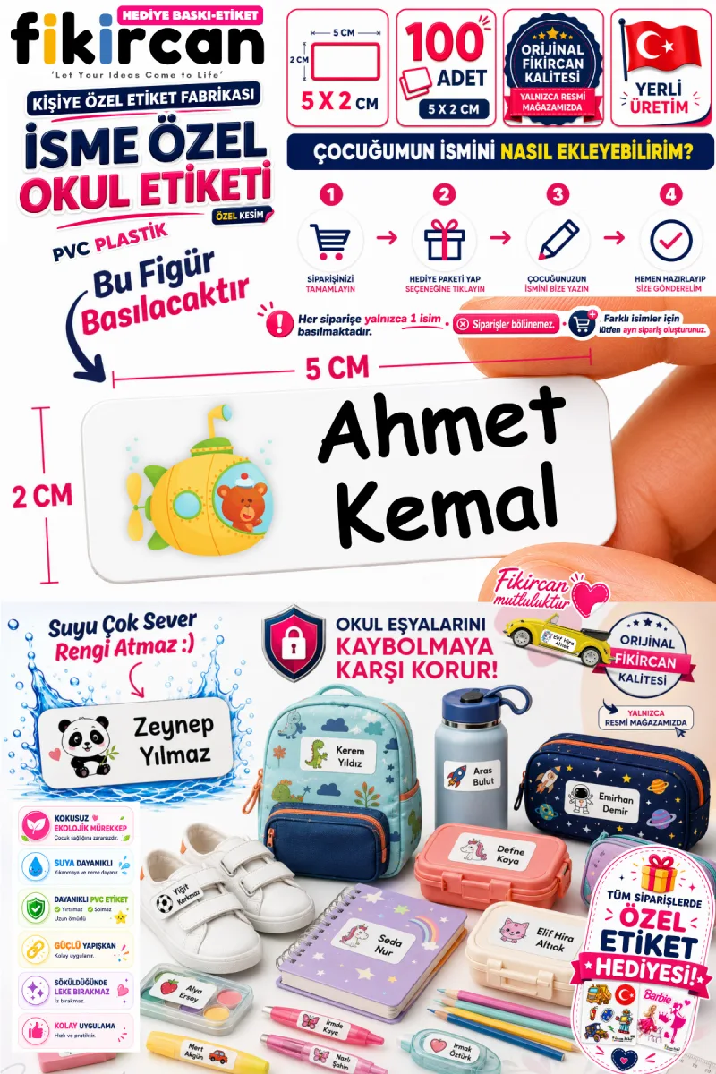 İsme Özel Okul Etiketi - 100 Adet - 5 x 2 cm - PVC Etiket - FİGÜR 24