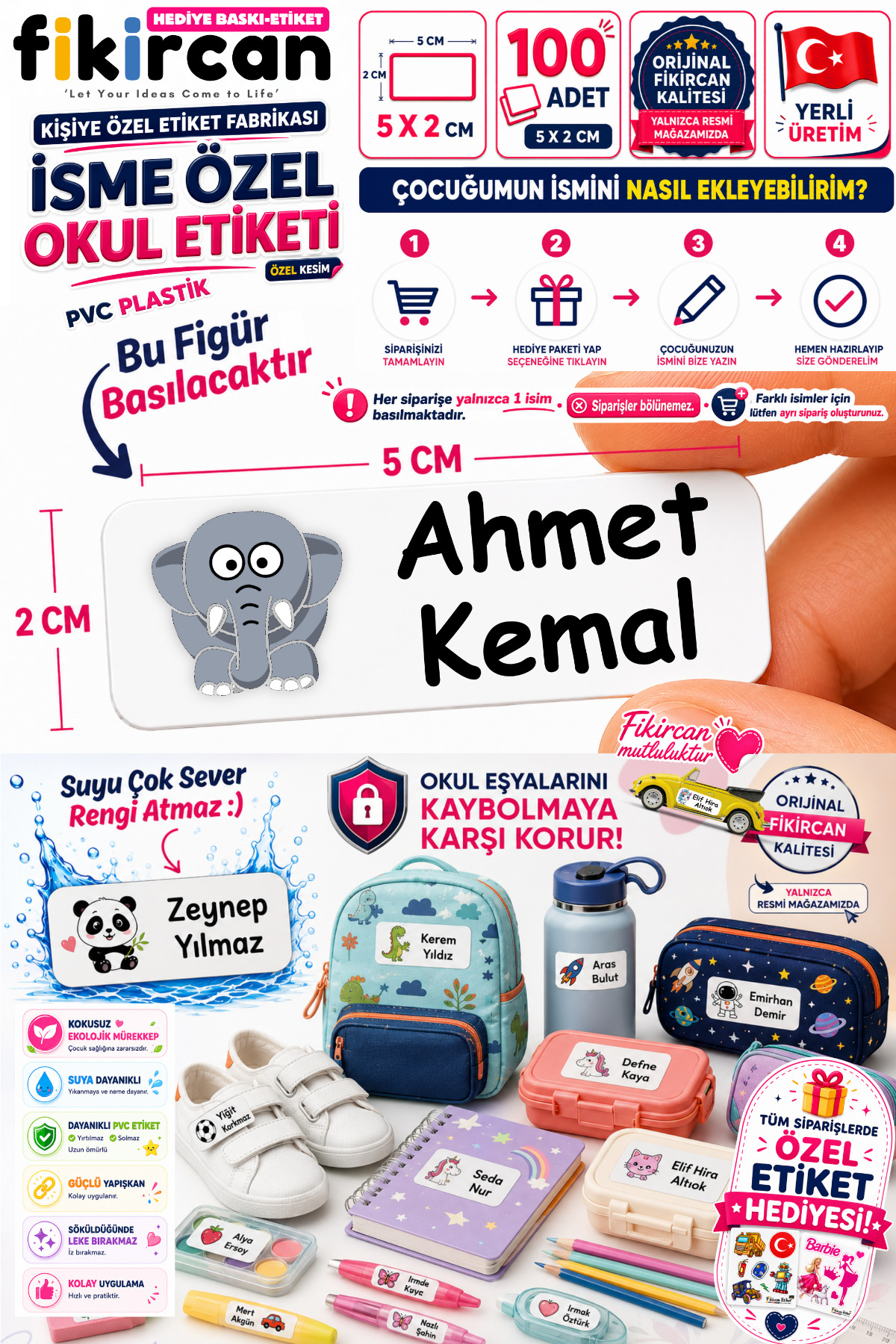 İsme Özel Okul Etiketi - 100 Adet - 5 x 2 cm - PVC Etiket - FİGÜR 117