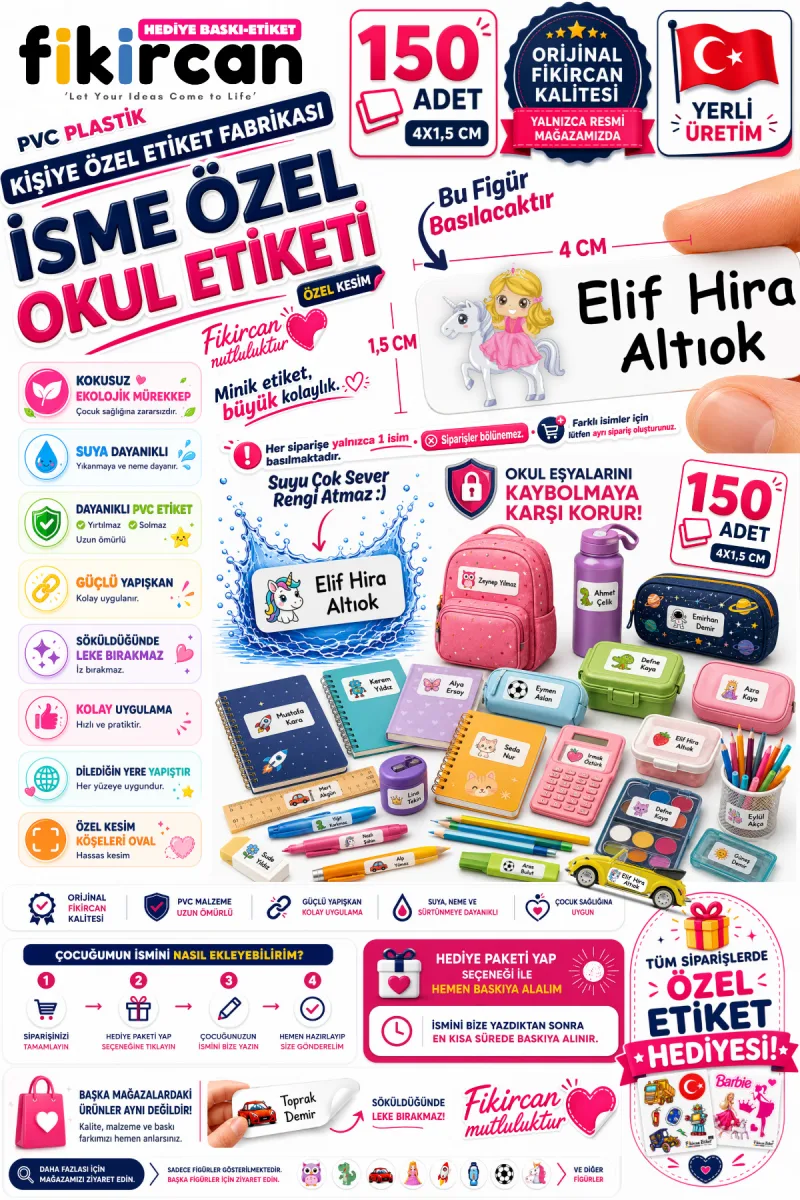 İsme Özel Okul Etiketi - 150 Adet - 1.5 x 4 cm - PVC Etiket - FİGÜR 26