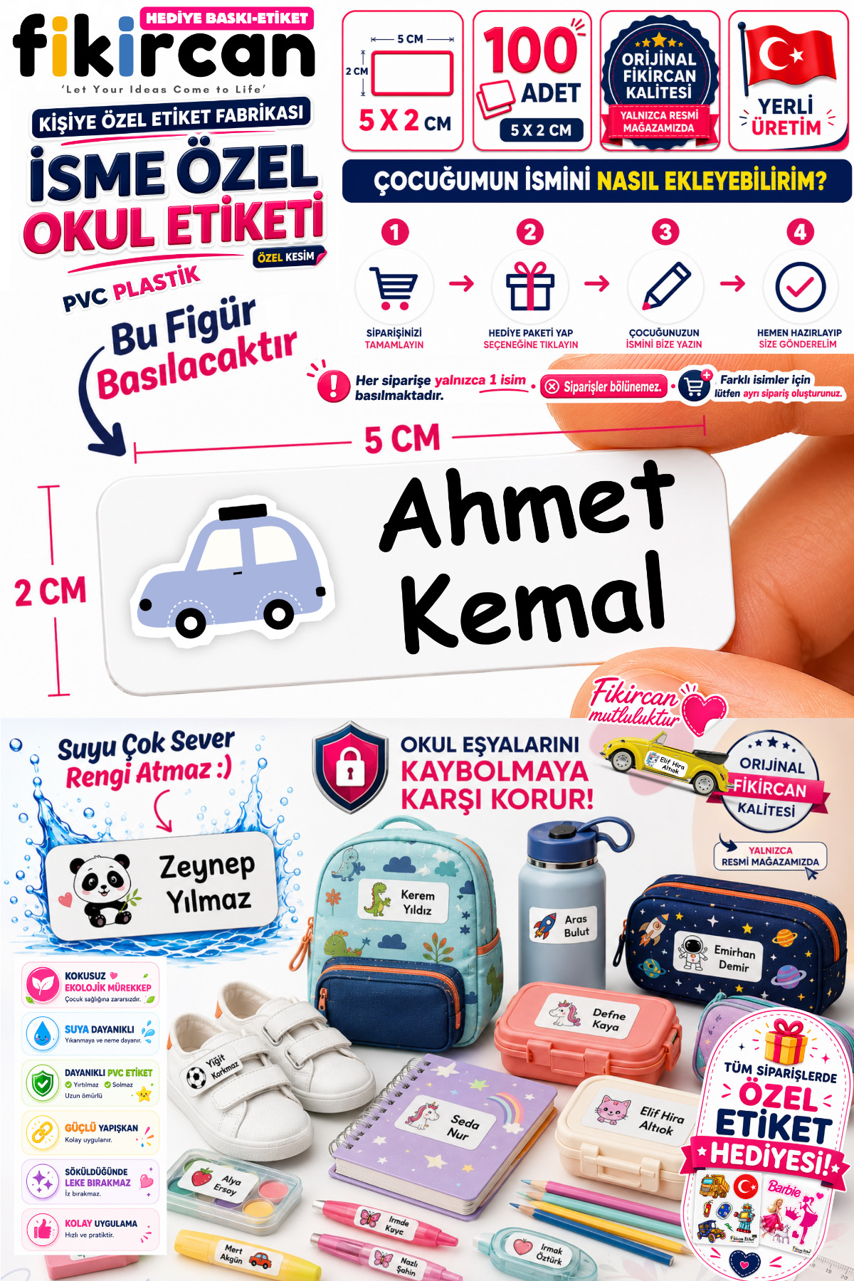 İsme Özel Okul Etiketi - 100 Adet - 5 x 2cm - PVC Etiket - FİGÜR 32