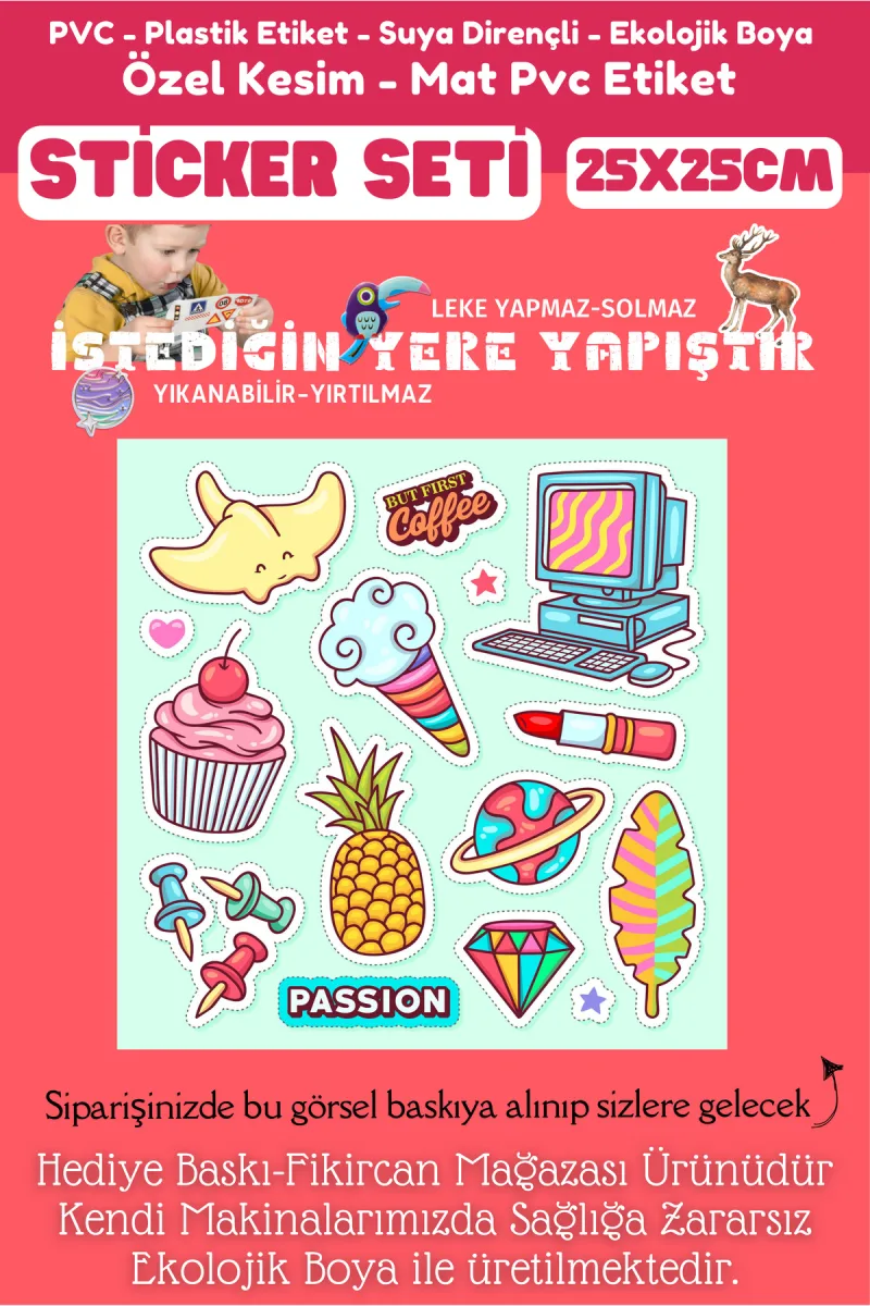 Fikircan Etiket Seti 25x25cm Pvc Sticker -Defter-Laptop-Tablet-Telefon-Dolap-Cam vb Her yere Yapışır — fotoğraf 2