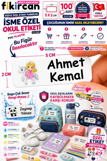 Isme Ozel Okul Etiketi - 100 Adet - 5 x 2 cm - PVC Etiket - FİGÜR 26 1453260724119