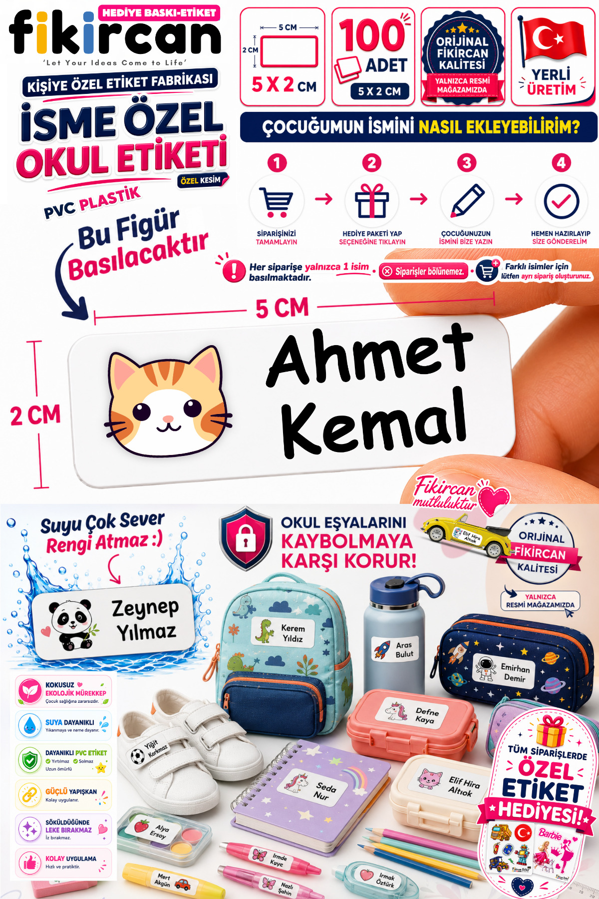 İsme Özel Okul Etiketi - 100 Adet - 5 x 2 cm - PVC Etiket - FİGÜR 98