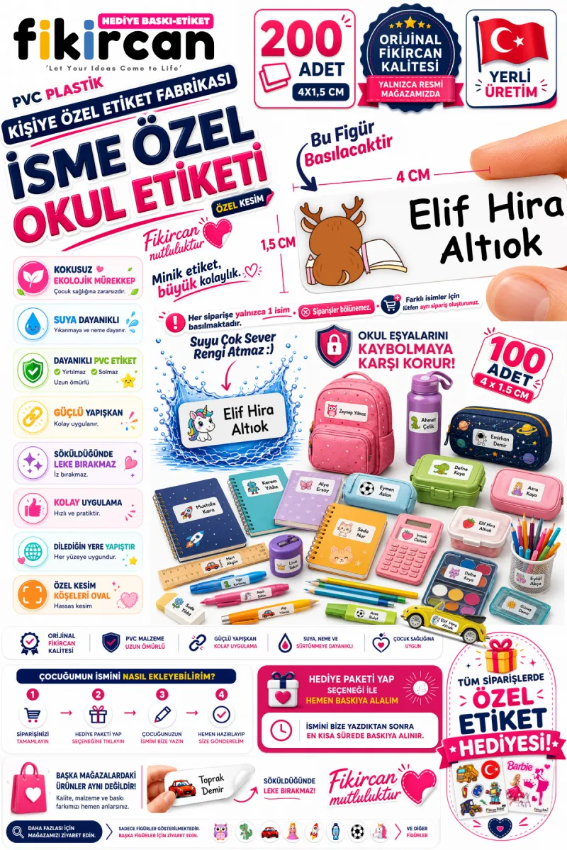 İsme Özel Okul Etiketi - 200 Adet - 1,5 x 4 cm - PVC Etiket - - FİGÜR 91 — fotoğraf 1