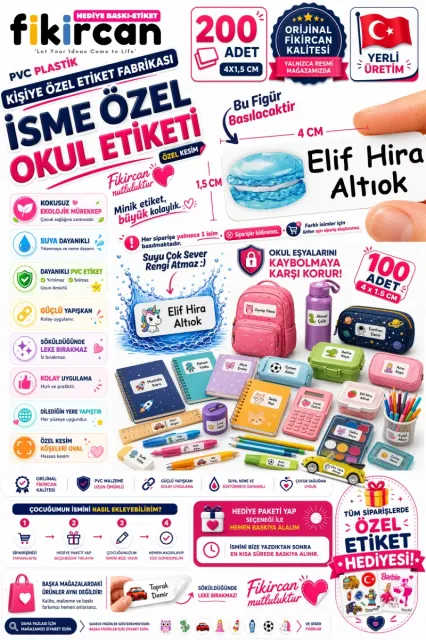İsme Özel Okul Etiketi - 200 Adet - 1,5 x 4 cm - PVC Etiket - - FİGÜR 41