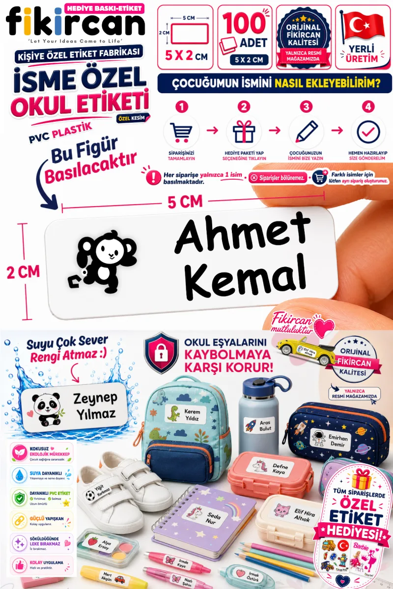 İsme Özel Okul Etiketi - 100 Adet - 5 x 2 cm - PVC Etiket - FİGÜR 16