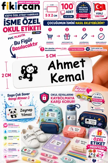 İsme Özel Okul Etiketi - 100 Adet - 5 x 2 cm - PVC Etiket - FİGÜR 16
