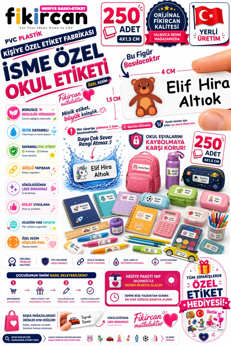 İsme Özel Okul Etiketi - 250 Adet - 1.5 x 4 cm - PVC Etiket - FİGÜR 29