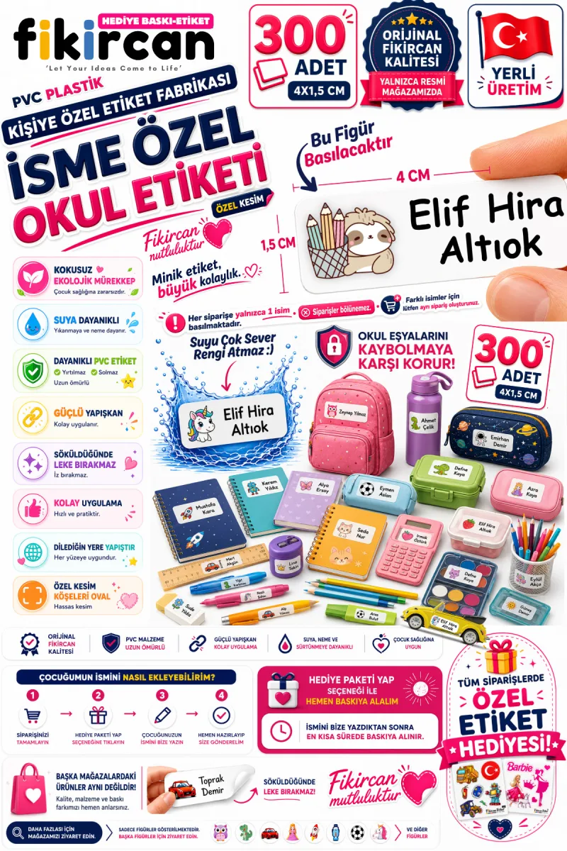 İsme Özel Okul Etiketi - 300 Adet - 1.5 x 4 cm - PVC Etiket - FİGÜR 68