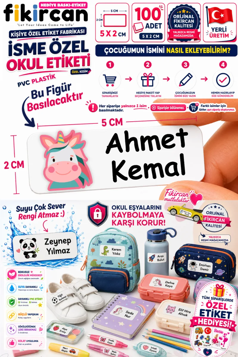 İsme Özel Okul Etiketi - 100 Adet - 5 x 2 cm - PVC Etiket - FİGÜR 36