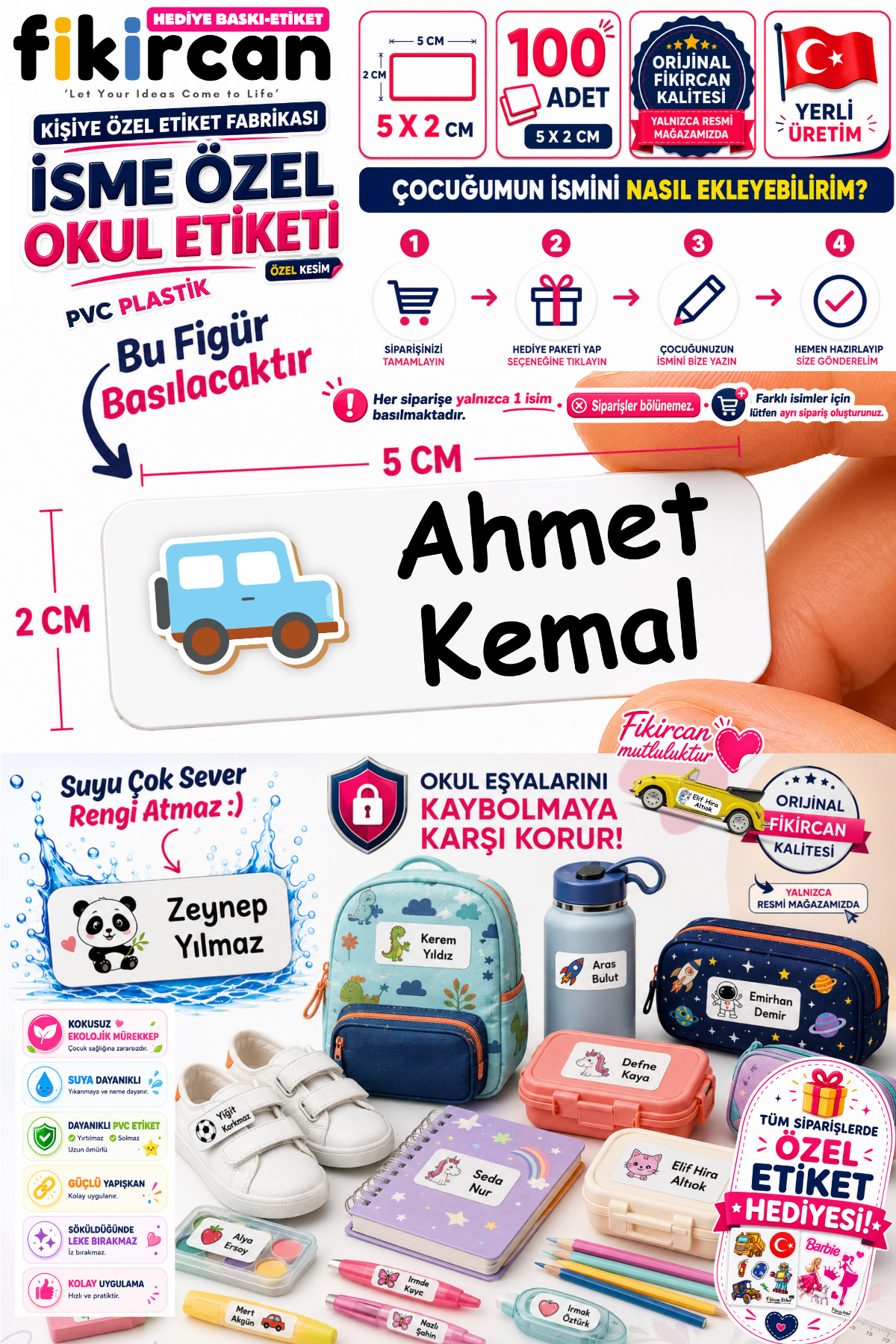 İsme Özel Okul Etiketi - 100 Adet - 5 x 2 cm - PVC Etiket - FİGÜR 127