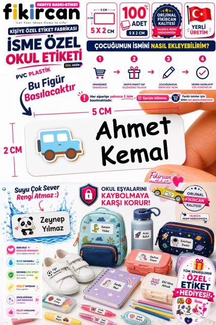 İsme Özel Okul Etiketi - 100 Adet - 5 x 2 cm - PVC Etiket - FİGÜR 127