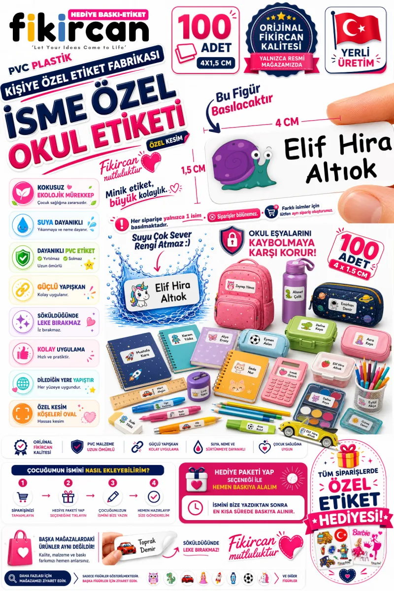 İsme Özel Okul Etiketi - 100 Adet - 1.5 x 4 cm - PVC Etiket - FİGÜR 116