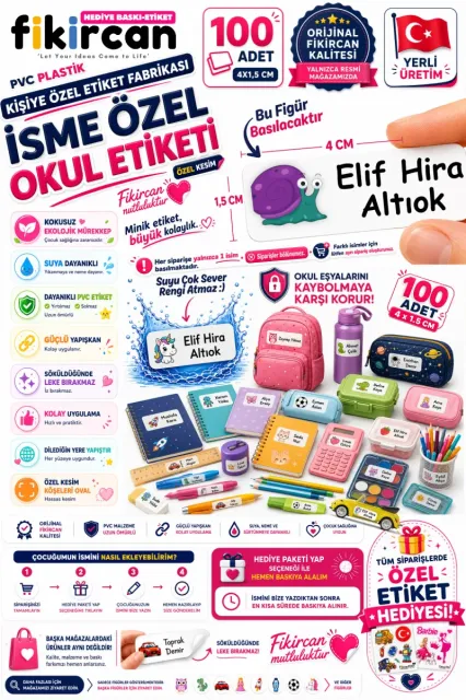İsme Özel Okul Etiketi - 100 Adet - 1.5 x 4 cm - PVC Etiket - FİGÜR 116