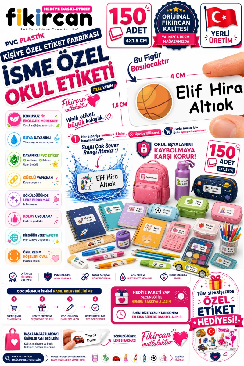İsme Özel Okul Etiketi - 150 Adet - 1.5 x 4 cm - PVC Etiket - FİGÜR 87