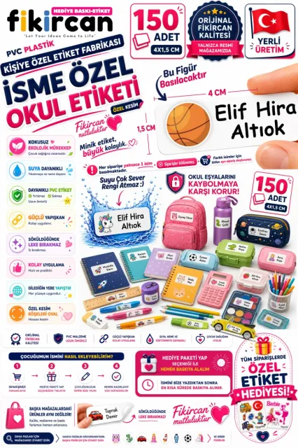 İsme Özel Okul Etiketi - 150 Adet - 1.5 x 4 cm - PVC Etiket - FİGÜR 87