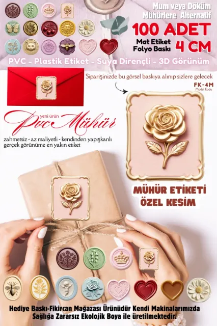 MÜHÜR ETİKETİ  100 Adet  Kokusuz Ekolojik Mürekkep PVC ETİKET 4 CM MUM VE DÖKÜM ALTERNATİF