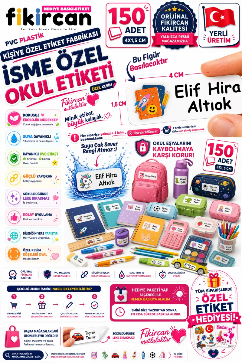 İsme Özel Okul Etiketi - 150 Adet - 1.5 x 4 cm - PVC Etiket - FİGÜR 85