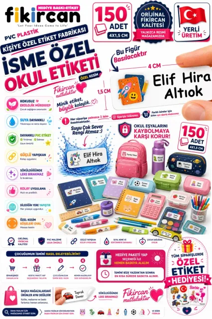İsme Özel Okul Etiketi - 150 Adet - 1.5 x 4 cm - PVC Etiket - FİGÜR 85