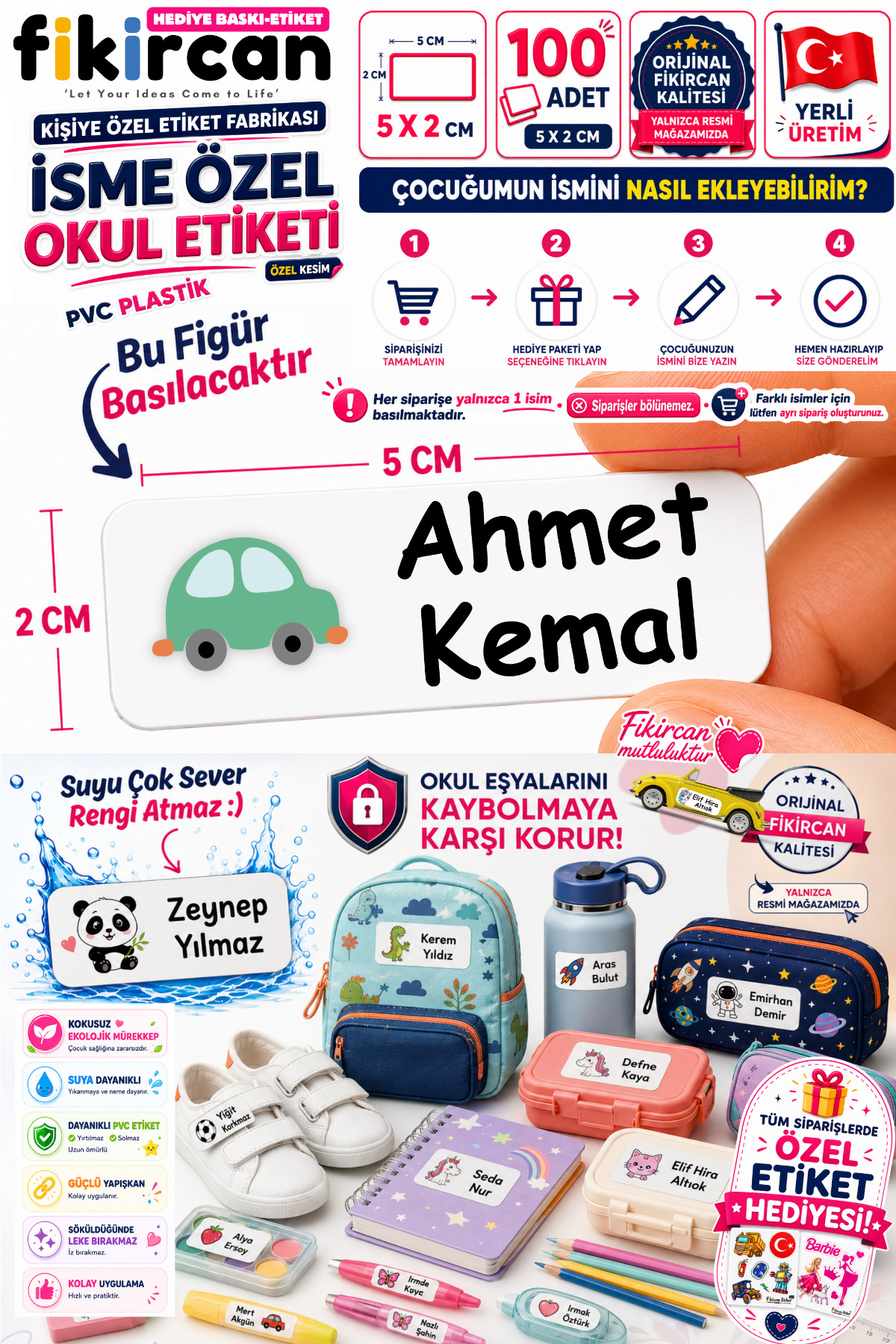 İsme Özel Okul Etiketi - 100 Adet - 5 x 2 cm - PVC Etiket - FİGÜR 80