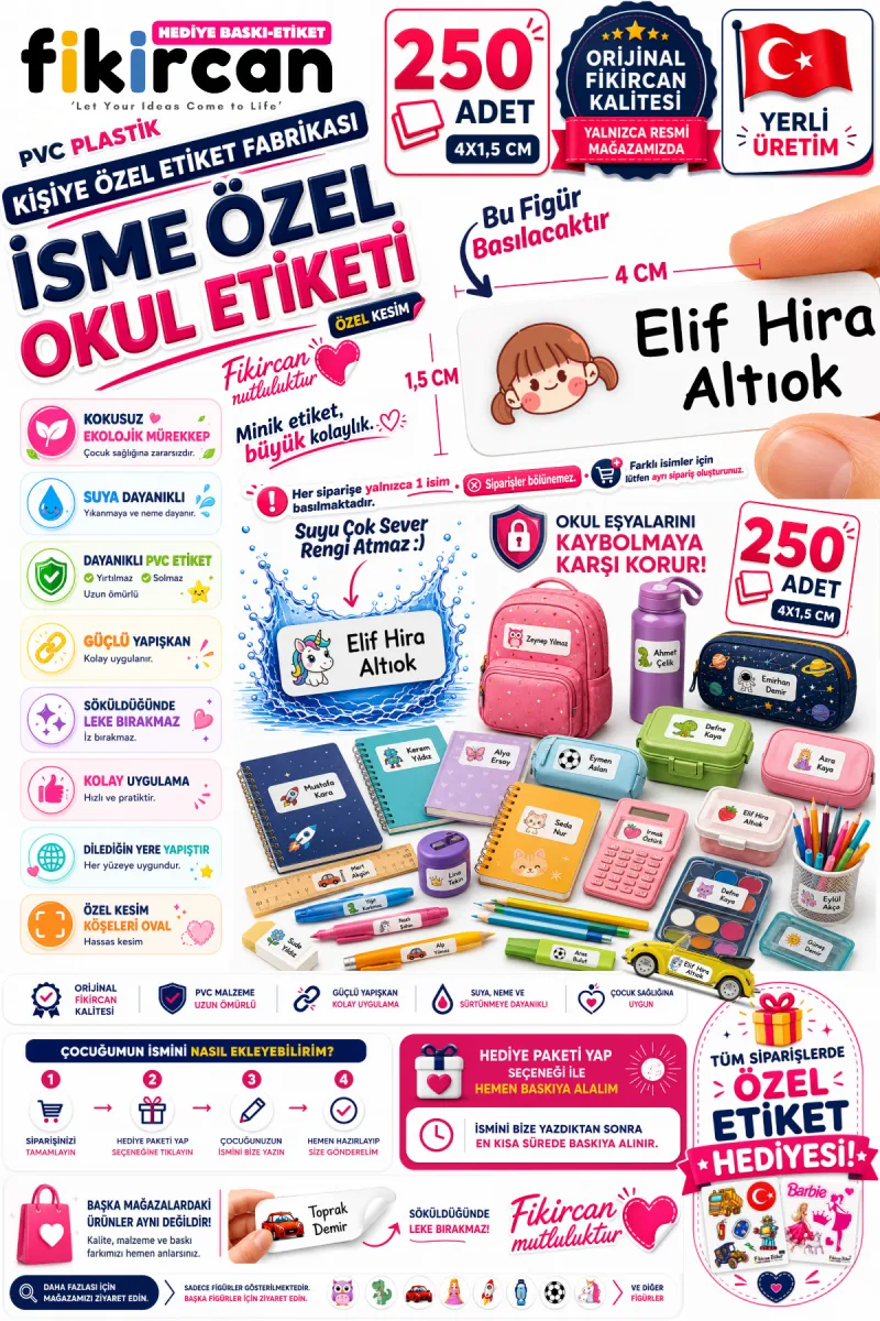 İsme Özel Okul Etiketi - 250 Adet - 1.5 x 4 cm - PVC Etiket - FİGÜR 46