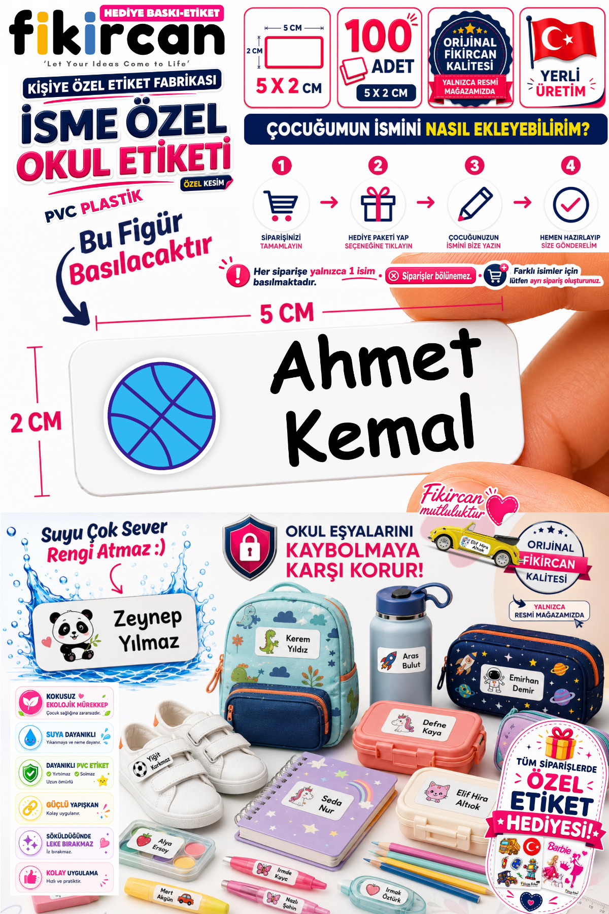 Isme Ozel Okul Etiketi - 100 Adet - 5 x 2 cm - PVC Etiket - FİGÜR 82
